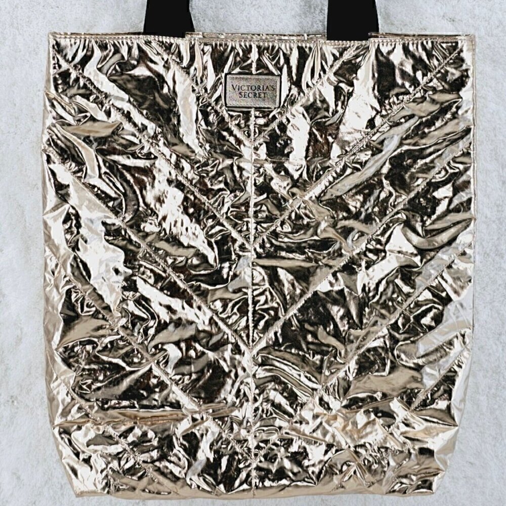 Victoria's Secret Metallic Rose Gold Chevron Tote Weekender Shopper Bag - Picture 2 of 10